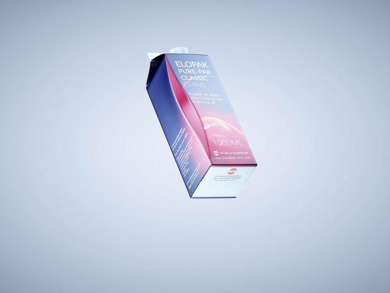 Premium carton packaging 3D model of Elopak Pure-Pak Classic Curve 1000ml with tethered cap TwistFlip 29