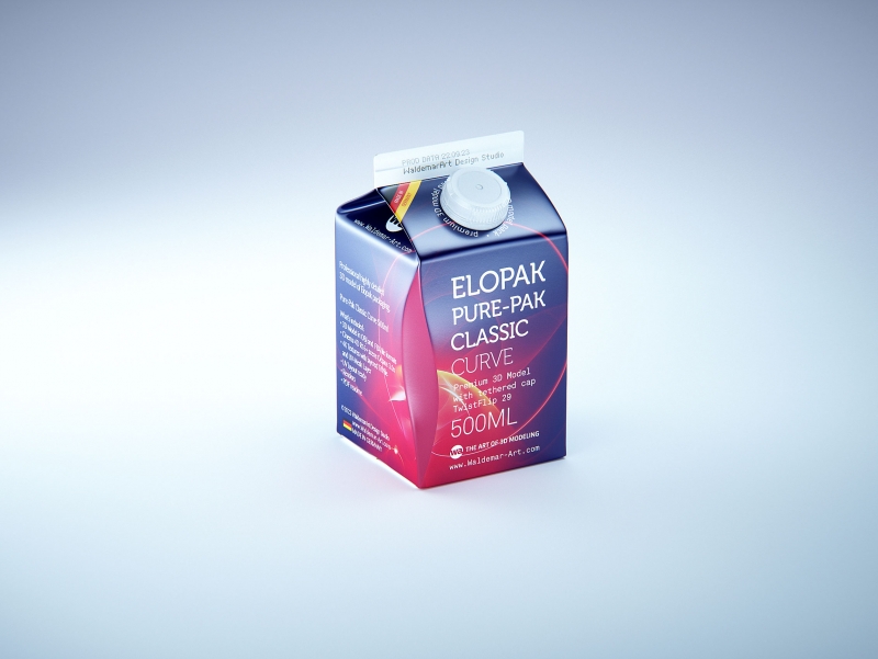 Premium carton packaging 3D model of Elopak Pure-Pak Classic Curve 500ml with tethered cap TwistFlip 29