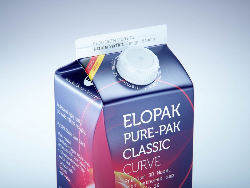 Premium carton packaging 3D model of Elopak Pure-Pak Classic Curve 500ml with tethered cap TwistFlip 29