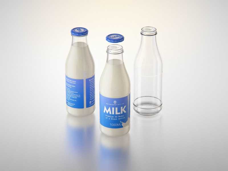 Milk Glass bottle 1000ml packaging 3D model with a screw cap and a glass of milk