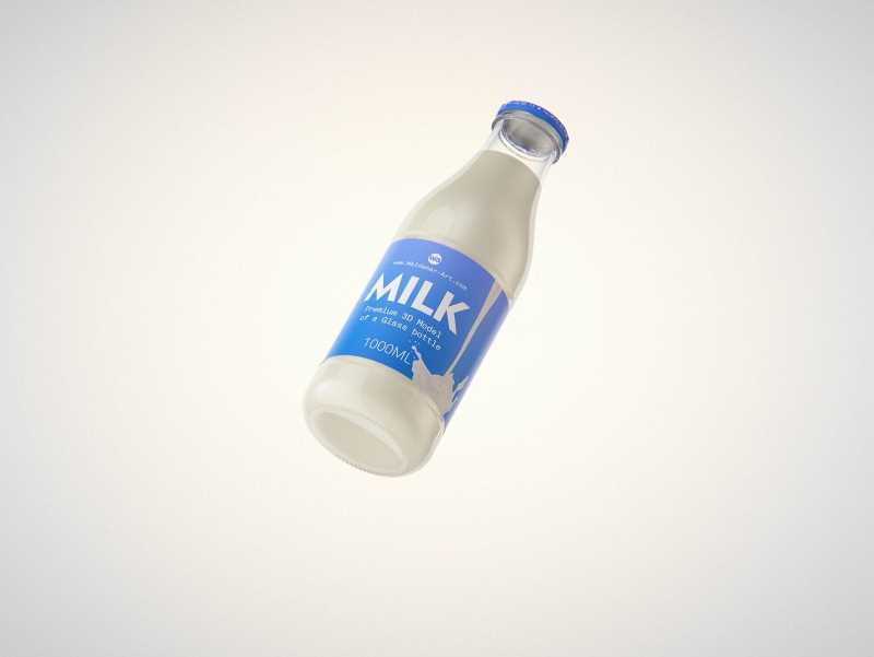 Milk Glass bottle 1000ml packaging 3D model with a screw cap and a glass of milk
