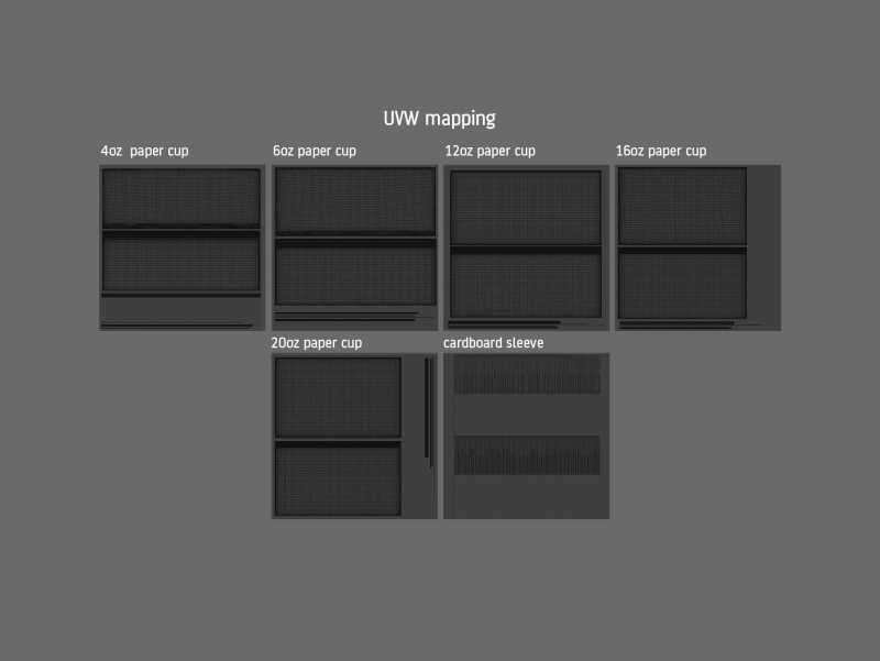 Group of Paper Coffee-To-Go Cups 3D model pack (4oz, 6oz, 12oz, 16oz, 20oz)