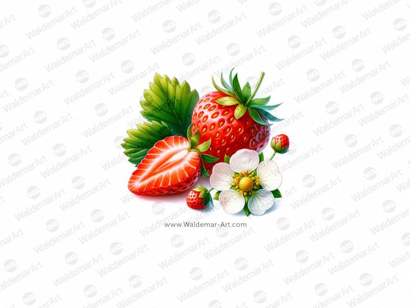 Strawberry with sliced berry, blossom and leaves premium watercolor illustration