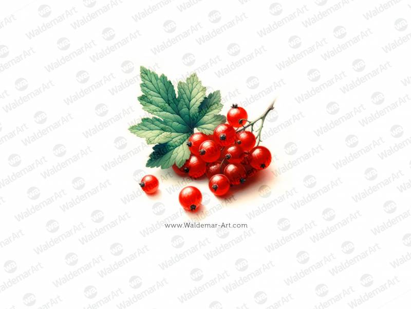 Premium Watercolor Illustration of Red currant twig with a medium-sized green leaf