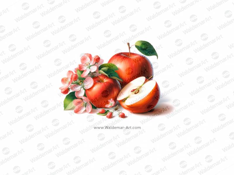 Two red apples, a slice of a red apple, and some delicate apple blossoms premium digital watercolor illustration