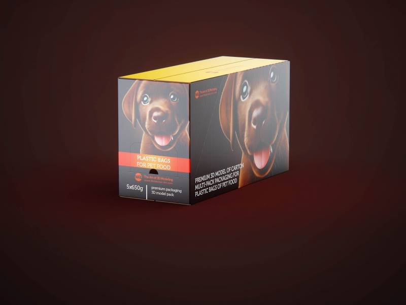 Cardboard multi-pack packaging for 5x650g plastic bags of pet food premium 3d model