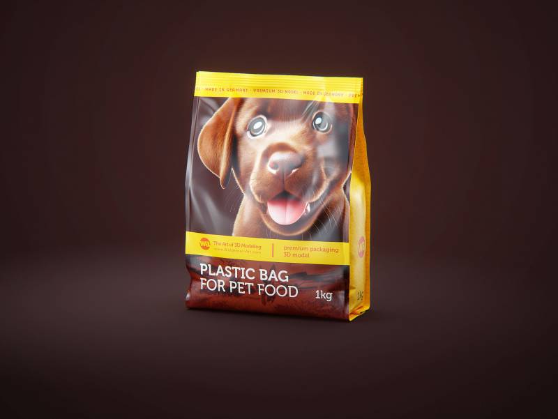 Premium 3D model of a 1kg/900g plastic bag of pet food packaging