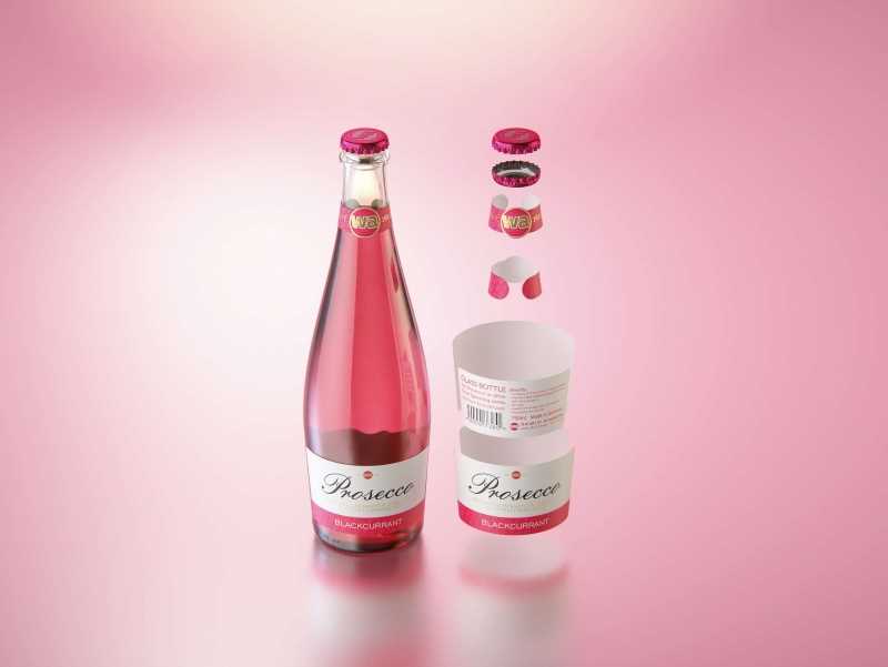 Prosecco (Frizzante) glass bottle 3D model 750ml with Crown cork and glass of fruit wine