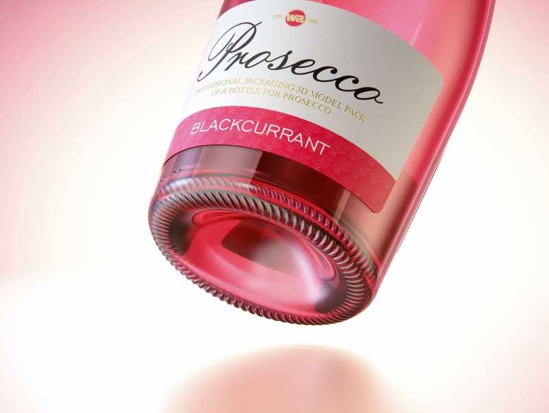 Prosecco (Frizzante) glass bottle 3D model 750ml with Crown cork and glass of fruit wine