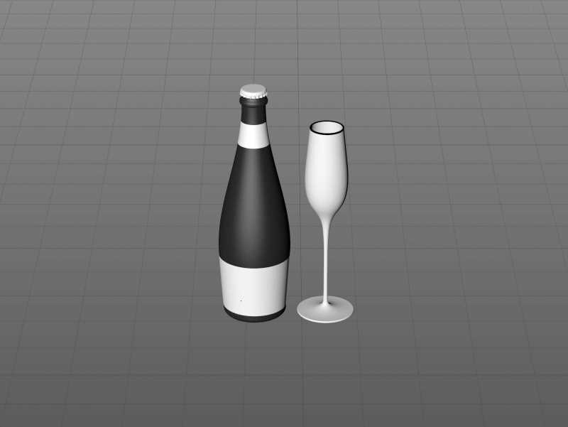 Prosecco (Frizzante) glass bottle 3D model 750ml with Crown cork and glass of fruit wine