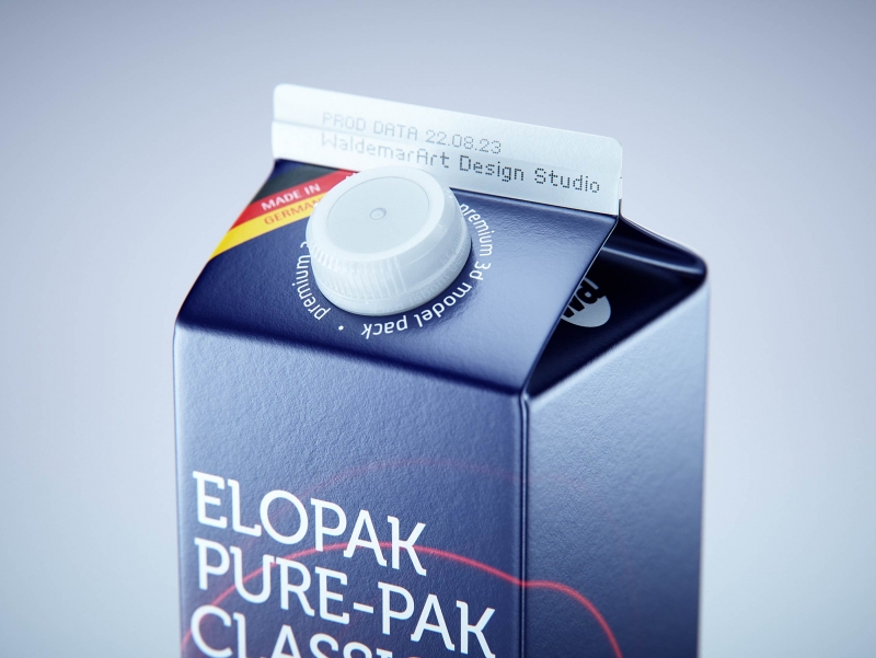 Premium milk packaging 3D model of Elopak Pure-Pak Classic 1000ml with tethered cap TwistFlip 29