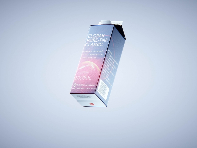 Premium milk packaging 3D model of Elopak Pure-Pak Classic 1000ml with tethered cap TwistFlip 29
