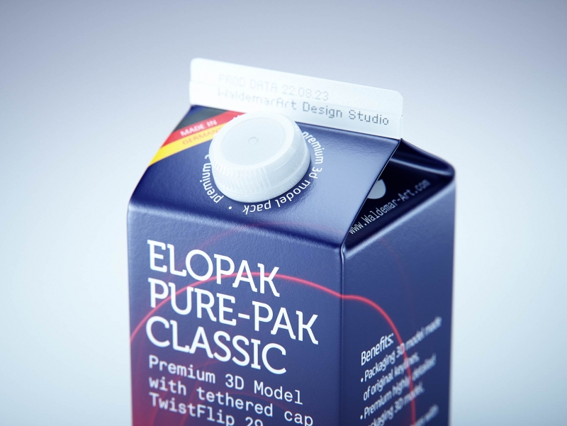 Premium milk packaging 3D model of Elopak Pure-Pak Classic 500ml with tethered cap TwistFlip 29