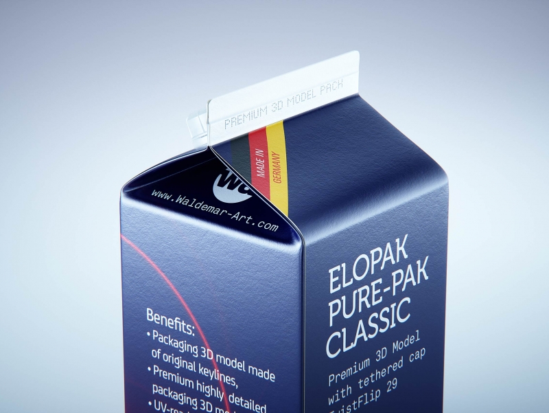Premium milk packaging 3D model of Elopak Pure-Pak Classic 500ml with tethered cap TwistFlip 29