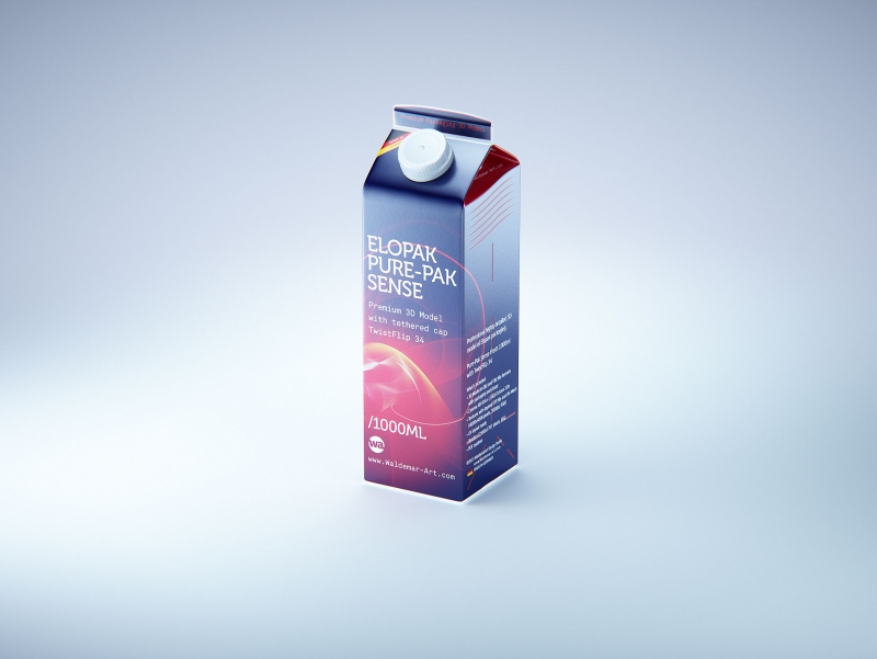 Premium carton packaging 3D model of Elopak Pure-Pak Sense 1000ml with tethered cap TwistFlip 34