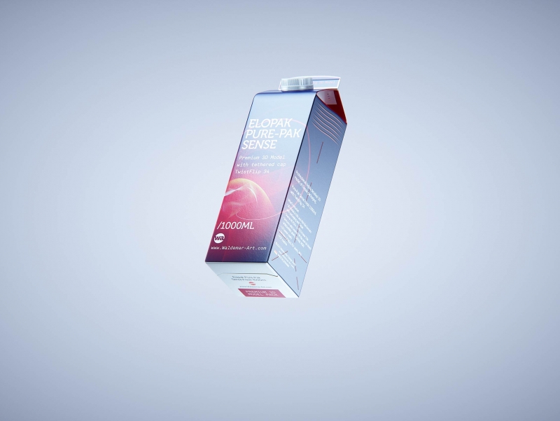 Premium carton packaging 3D model of Elopak Pure-Pak Sense 1000ml with tethered cap TwistFlip 34