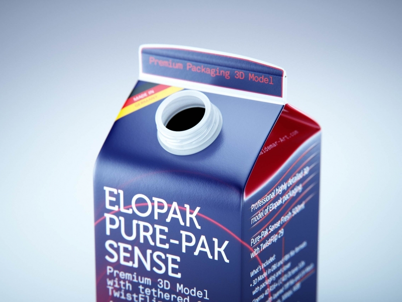 Premium milk packaging 3D model of Elopak Pure-Pak Sense 500ml with tethered cap TwistFlip 29