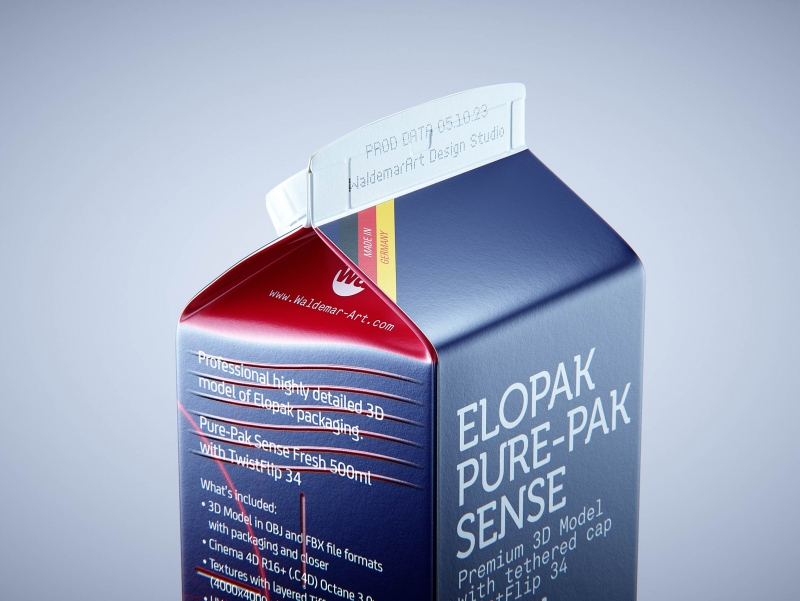 Premium milk carton packaging 3D model of Elopak Pure-Pak Sense 500ml with tethered cap TwistFlip 34