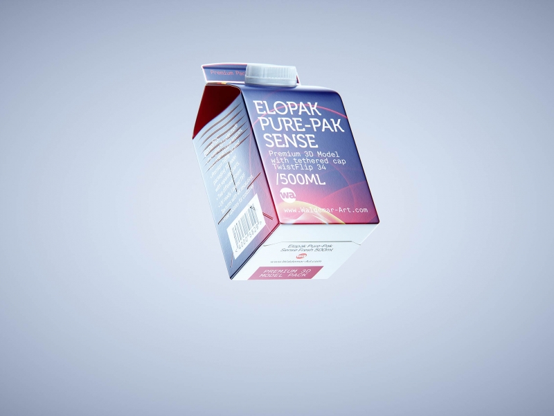 Premium milk carton packaging 3D model of Elopak Pure-Pak Sense 500ml with tethered cap TwistFlip 34