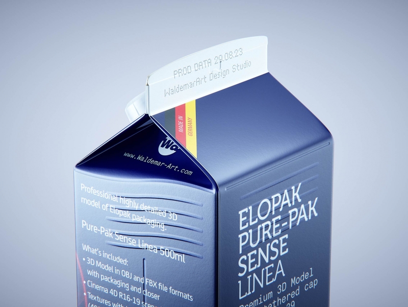 Premium carton packaging 3D model of Elopak Pure-Pak Sense Linea 500ml with tethered cap TwistFlip 29