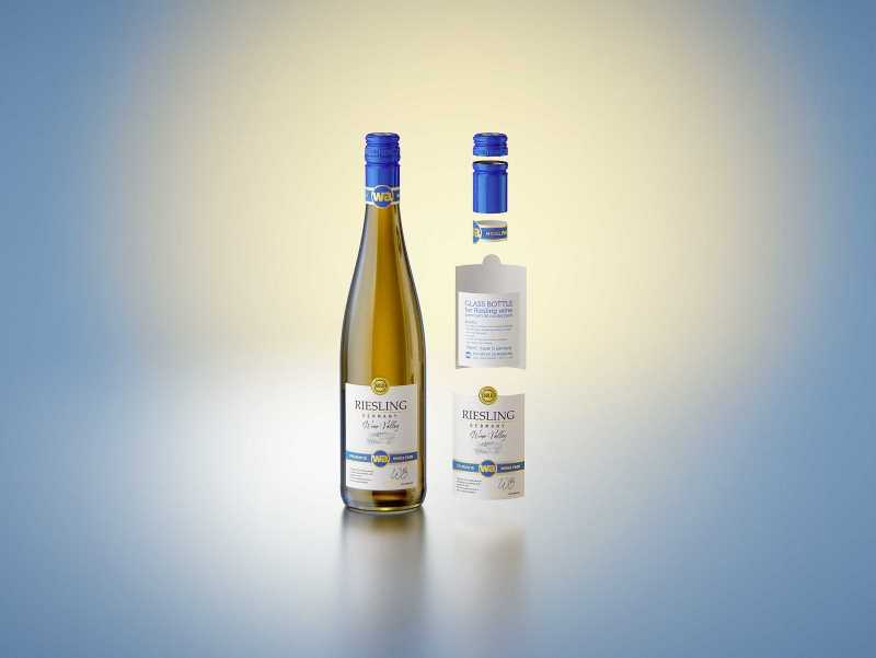3D model of a wine bottle 750ml for Riesling wine with screw cap and a glass of wine