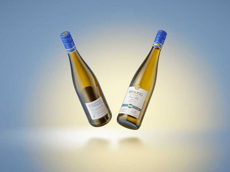 3D model of a wine bottle 750ml for Riesling wine with screw cap and a glass of wine