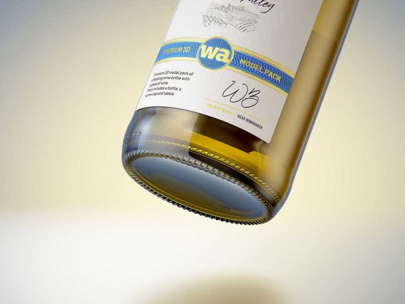3D model of a wine bottle 750ml for Riesling wine with screw cap and a glass of wine