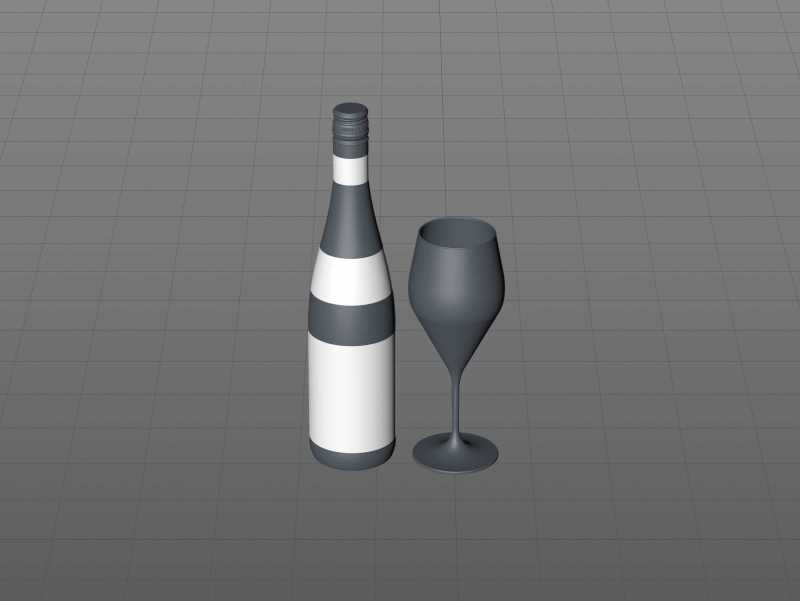 3D model of a wine bottle 750ml for Riesling wine with screw cap and a glass of wine