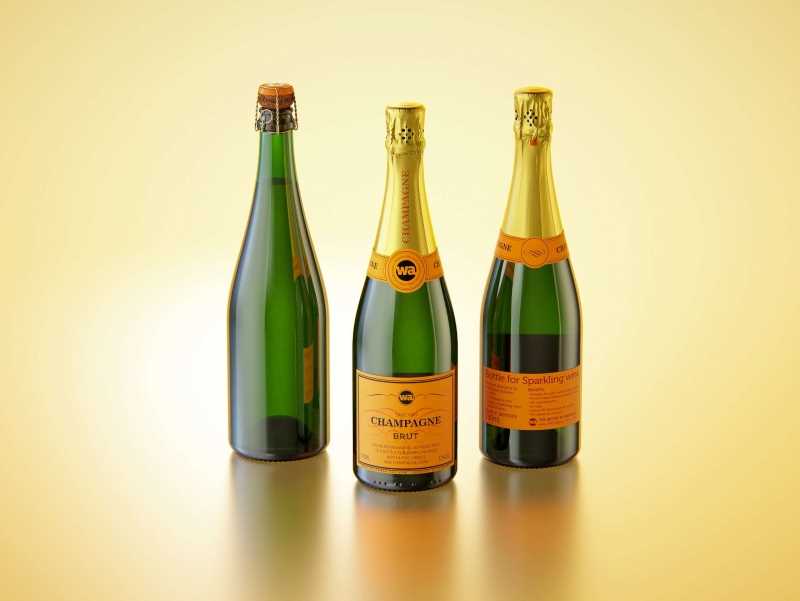 Champagne bottle 750ml 3d model for sparkling wine, with foil, labels, champagne cork and glass of sparkling wine