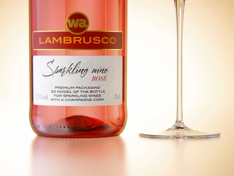 Spumante/Lambrusco/Secco bottle 750ml 3D model with Champagne cork and glass of sparkling wine