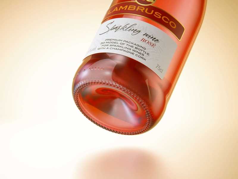 Spumante/Lambrusco/Secco bottle 750ml 3D model with Champagne cork and glass of sparkling wine