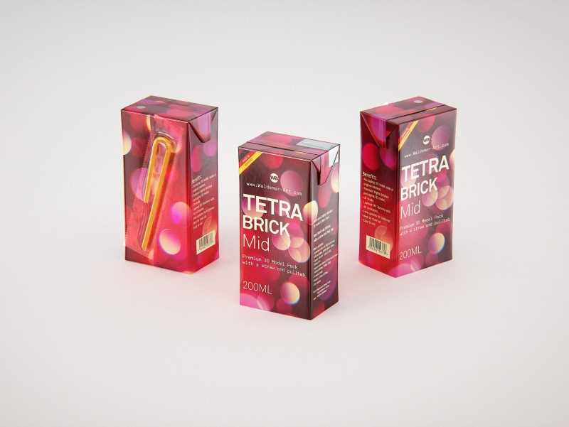 Tetra Pack Brik Mid 200ml with Pull Tab and a packaged straw packaging 3d model pak