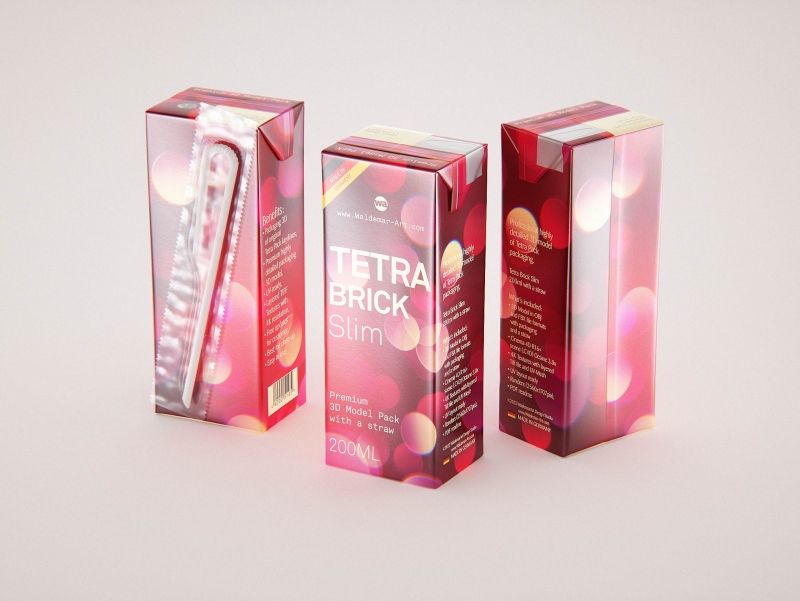 Tetra Pack Brick Slim 200ml with Pull Tab and a packaged straw package 3d model pak