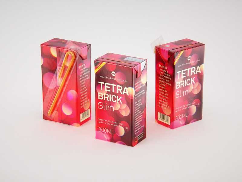 Tetra Pack Brick Slim 300ml with a Straw and Pull Tab packaging 3D model pak