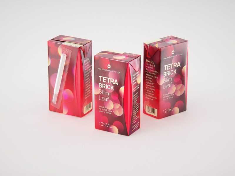Tetra Pack Brick Slim Leaf 125ml with a Straw packaging 3D model pak
