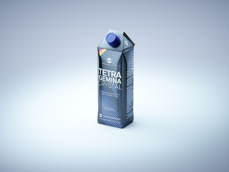 Premium packaging 3d model of Tetra Pak Gemina Crystal 1000ml with tethered cap HeliCap 26 Pro