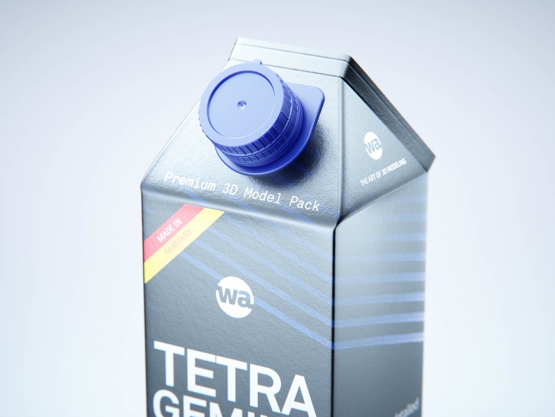 Premium carton packaging 3D model of Tetra Gemina Square 1000ml with tethered cap HeliCap 26 Pro