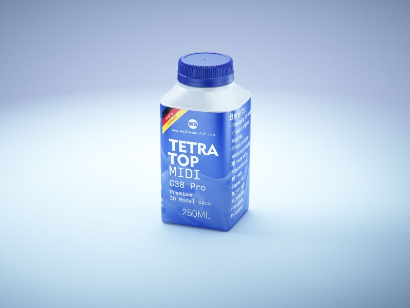 Tetra Top MIDI 250ml premium carton 3D model with tethered cap C38 Pro