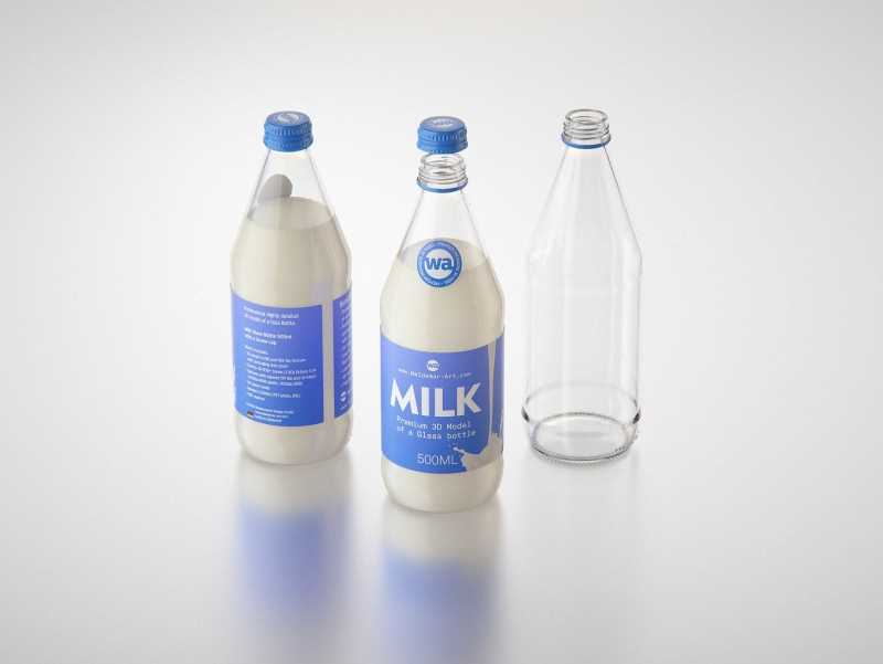 Vanilla Milk Glass bottle 500ml packaging 3D model with a screw cap and a glass of milk