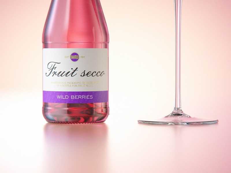 Fruit Secco glass bottle packaging 3D model 200ml with a screw cap and a glass of fruit wine