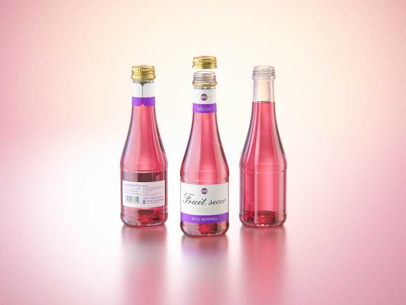 Fruit Secco glass bottle packaging 3D model 200ml with a screw cap and a glass of fruit wine