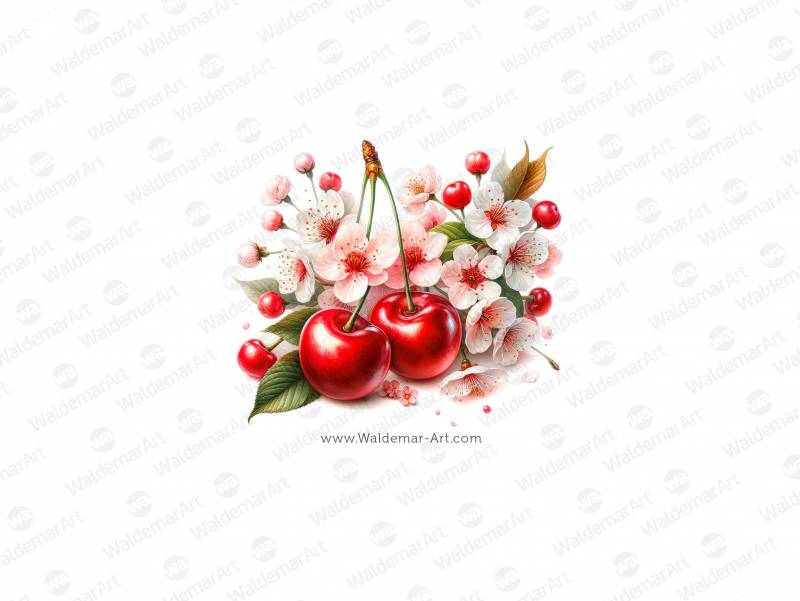Two Cherries with blossoms premium watercolor illustration