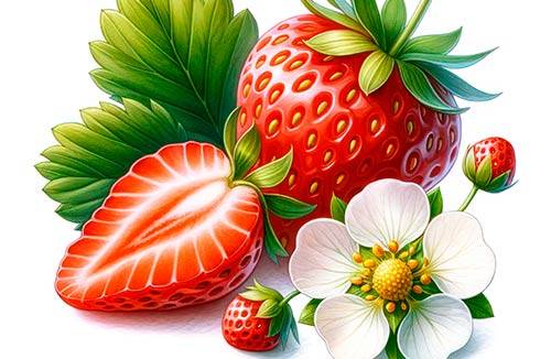Premium Digital Illustration of a raspberry with leaves and flowers in the watercolor style
