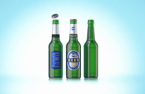 3D model of the Beer Green glass bottle 330ml with Crown cork, foil and label