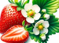 Premium illustration featuring a whole strawberry, a sliced strawberry, a leaf, and two strawberry flowers