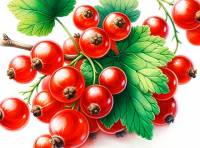 The watercolor illustration of red currant, highlighting the vibrant berries and green leaves