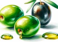 Premium Digital Watercolor Illustration with two green olives and one black olive with a shiny drop of olive oils