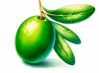 Premium Digital Watercolor Illustration with a single green olive and a leaf on a white background