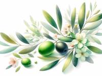 Premium Digital Watercolor Illustration of a single green olive and one black olive, surrounded by several tender leaves