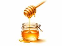 Wooden honey dipper with honey dripping into a small, clear glass jar premium digital illustration